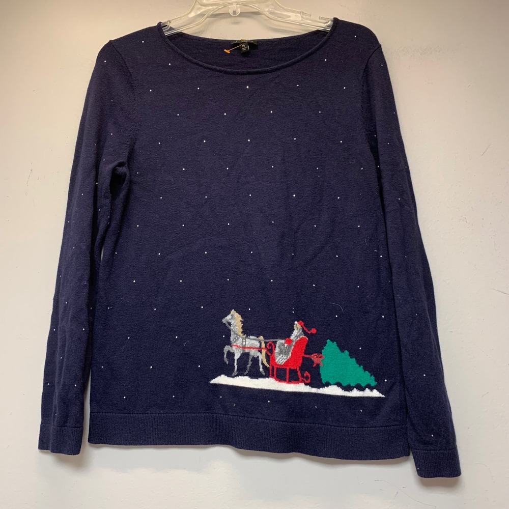 Talbots Christmas Sweater Women MP Navy Blue Excellent Santa Sleigh Rhinestones